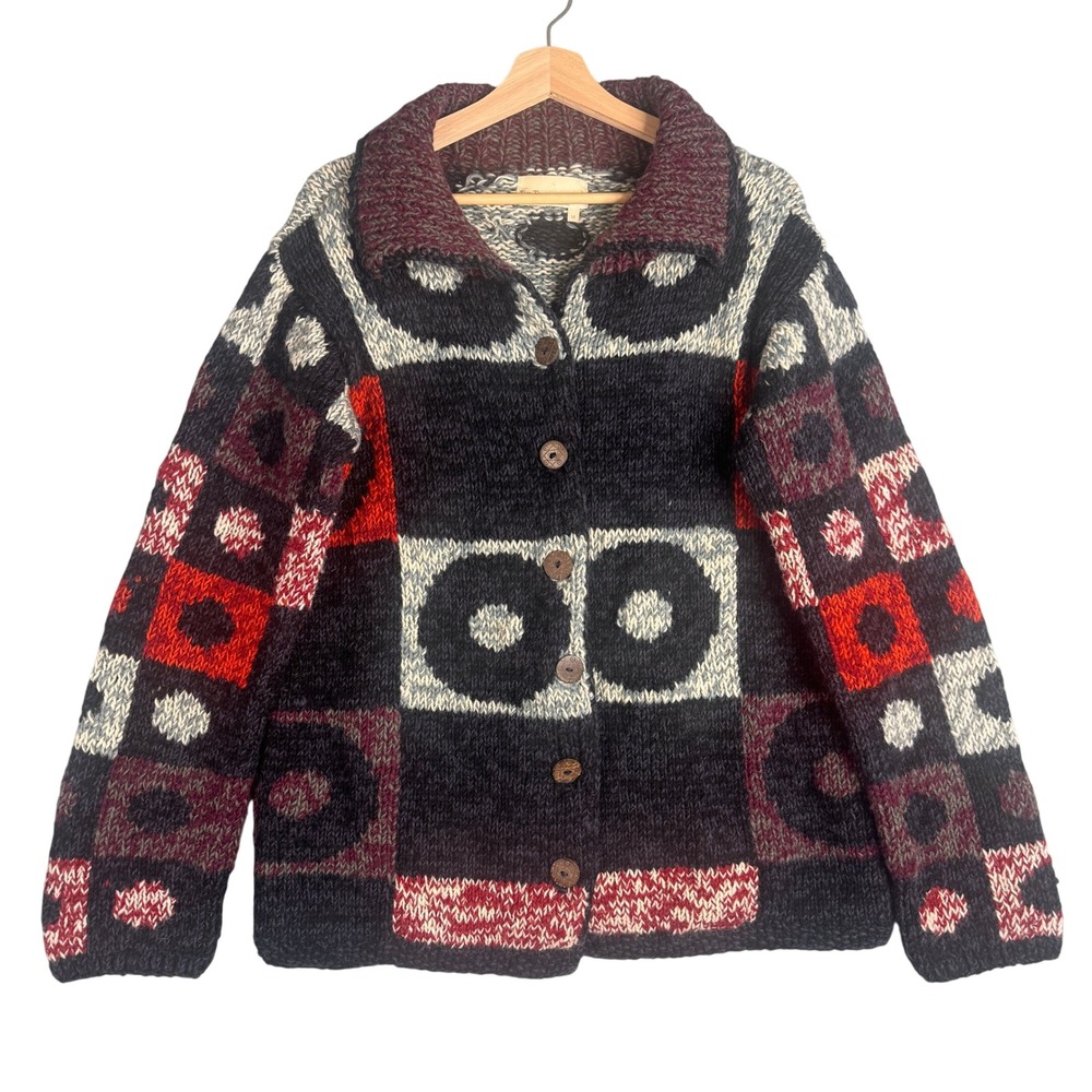 The Territory Ahead M Geometric Abstract Colorblock Chunky Hand Knit Cardigan